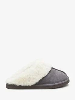 Grey Faux Fur Lined Suede Mule Slippers