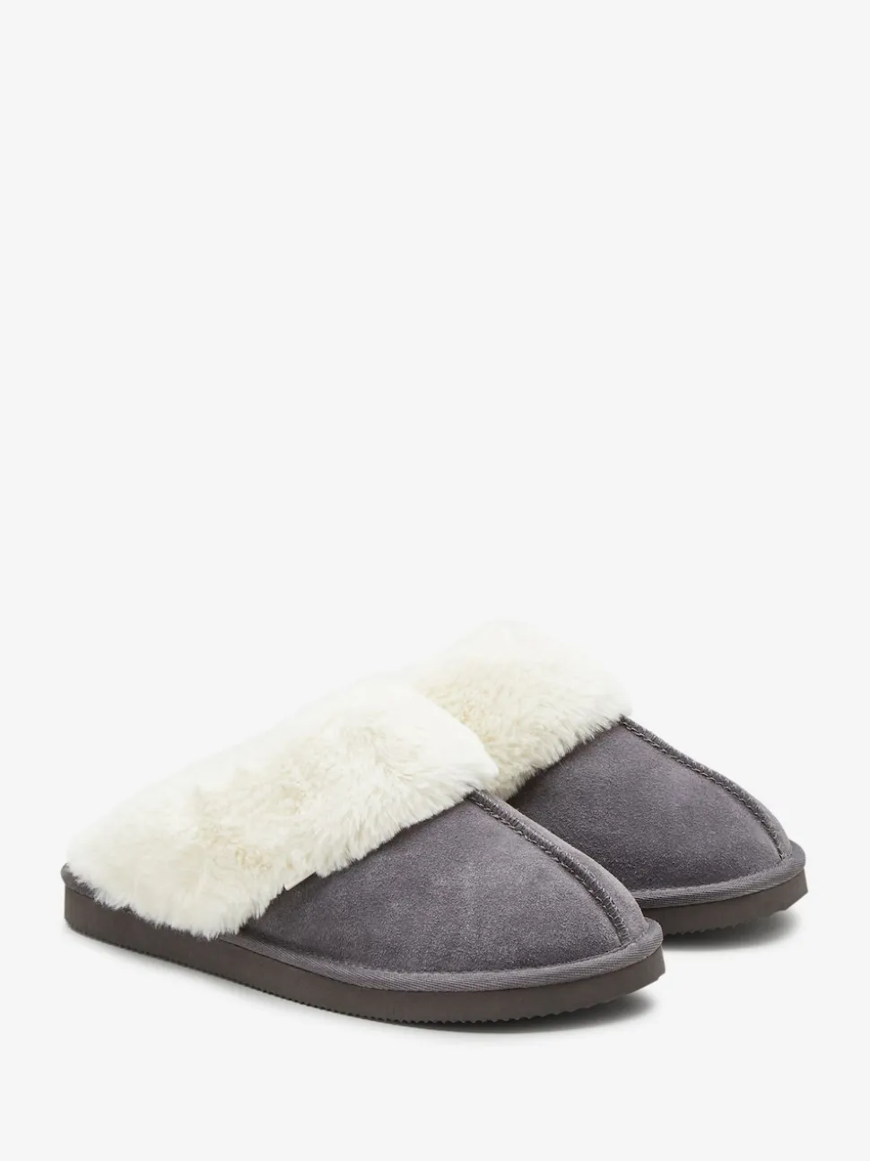 Grey Faux Fur Lined Suede Mule Slippers