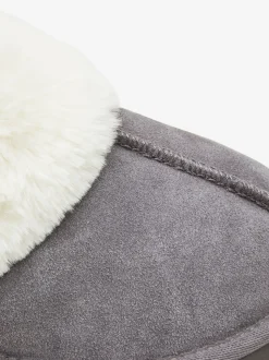 Grey Faux Fur Lined Suede Mule Slippers