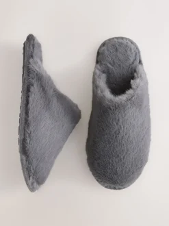Grey Faux Fur Mule Slippers