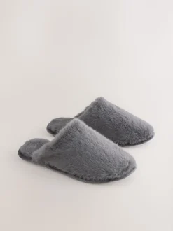 Grey Faux Fur Mule Slippers