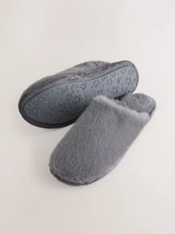 Grey Faux Fur Mule Slippers