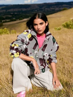 Grey Floral Jacquard Floral Jaquarded Borg Half Zip Neck Fleece Sweatshirt