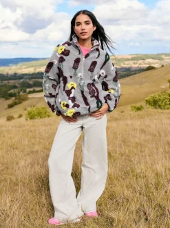 Grey Floral Jacquard Floral Jaquarded Borg Half Zip Neck Fleece Sweatshirt