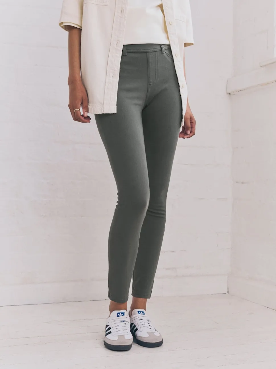Grey Full Length Jersey Denim Leggings