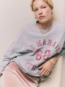 Grey Graphic Satin Applique 'Le Marais' City Longsleeve Crewneck Sweatshirt