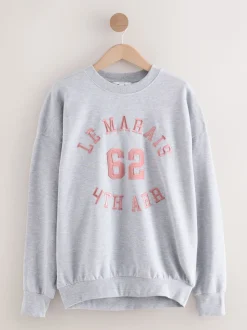 Grey Graphic Satin Applique 'Le Marais' City Longsleeve Crewneck Sweatshirt