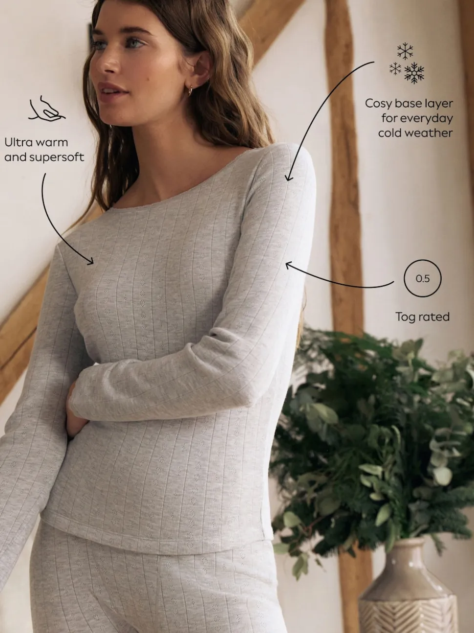 Grey Marl Thermal Maximum Warmth Cosy Pointelle Long Sleeved Top