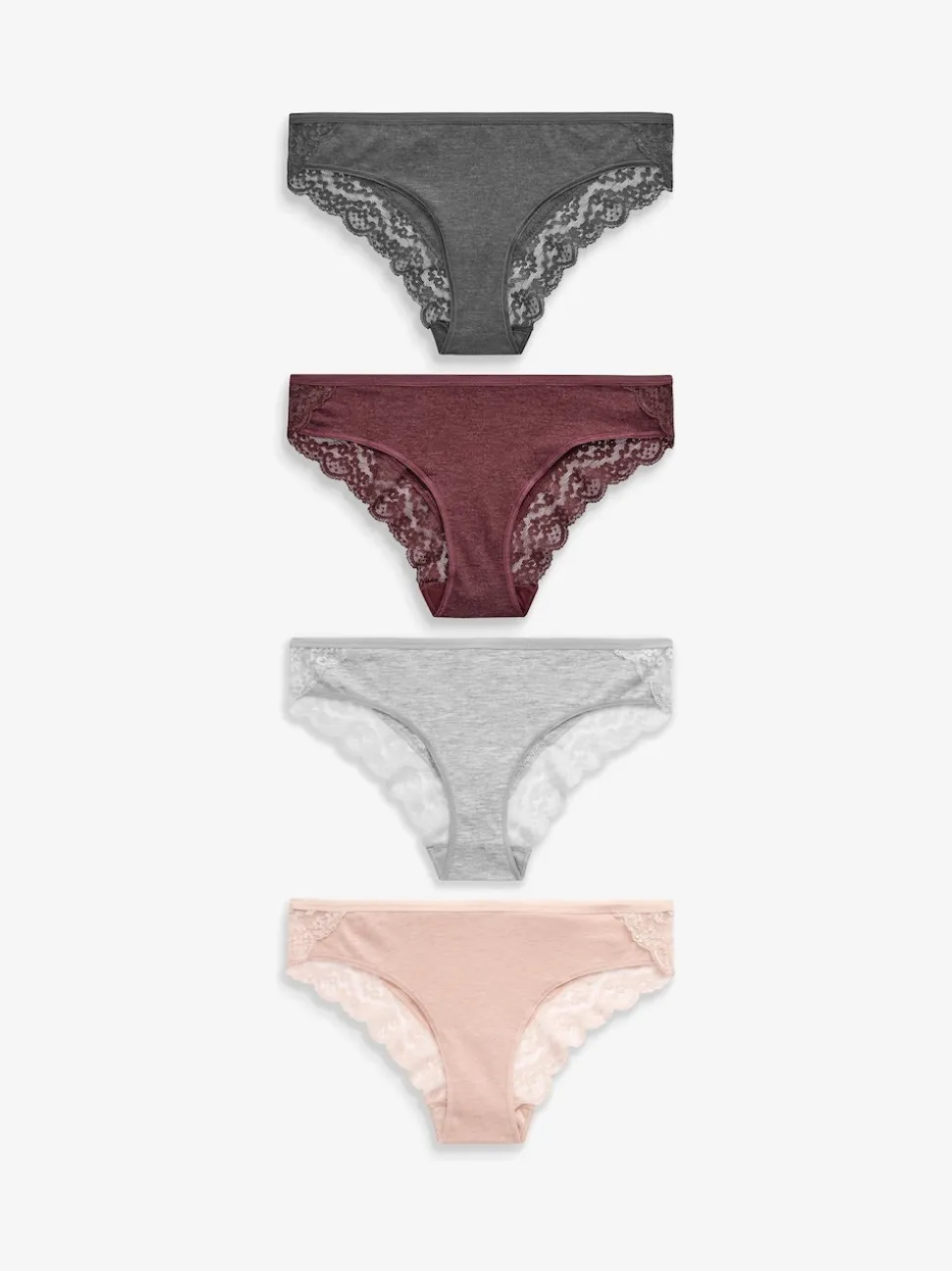 Grey Marl/Pink/Plum Bikini Cotton Lace Knickers 4 Pack
