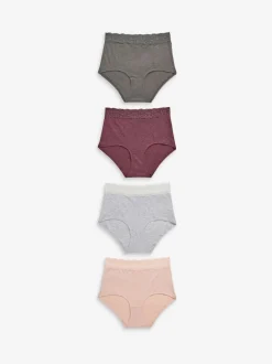 Grey Marl/Pink/Plum Full Brief Cotton Lace Knickers 4 Pack