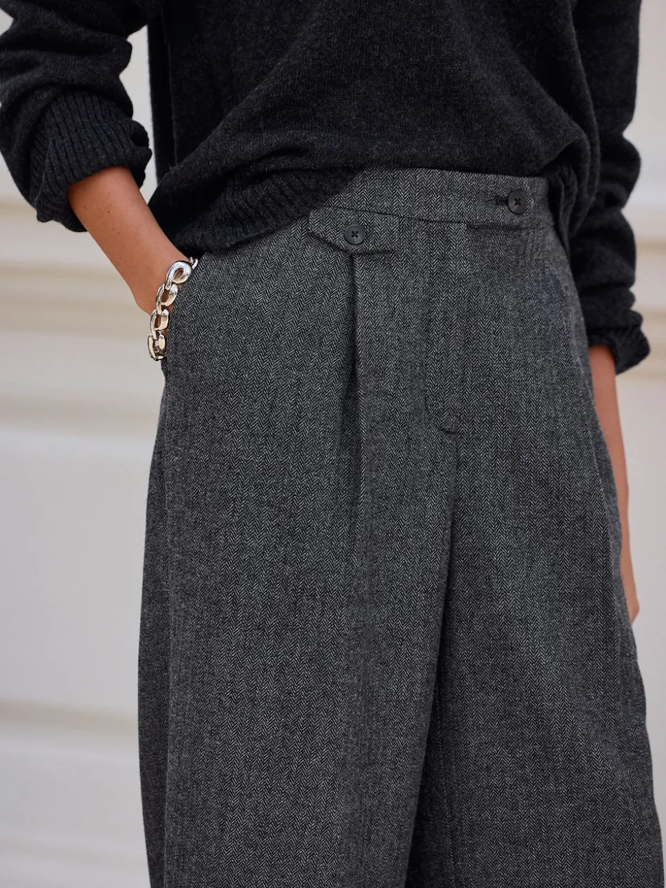 Grey N. Premium Wide Leg Pleated Trousers With Wool