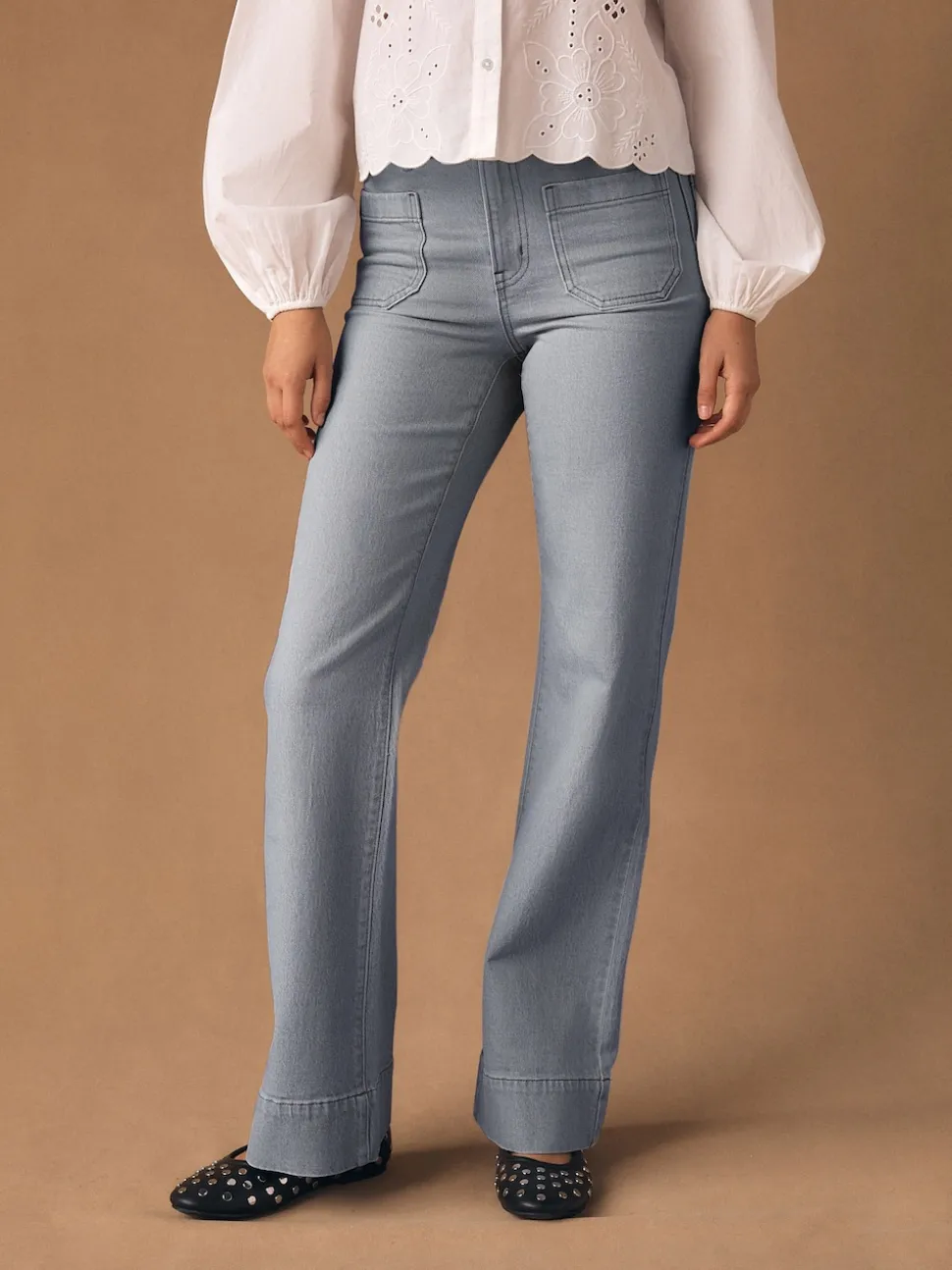 Grey Patch Pocket Wide Leg Jeans
