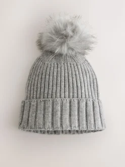 Grey Rib Knit Pom Hat