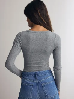 Grey Ribbed Long Sleeve Henley Bodysuit