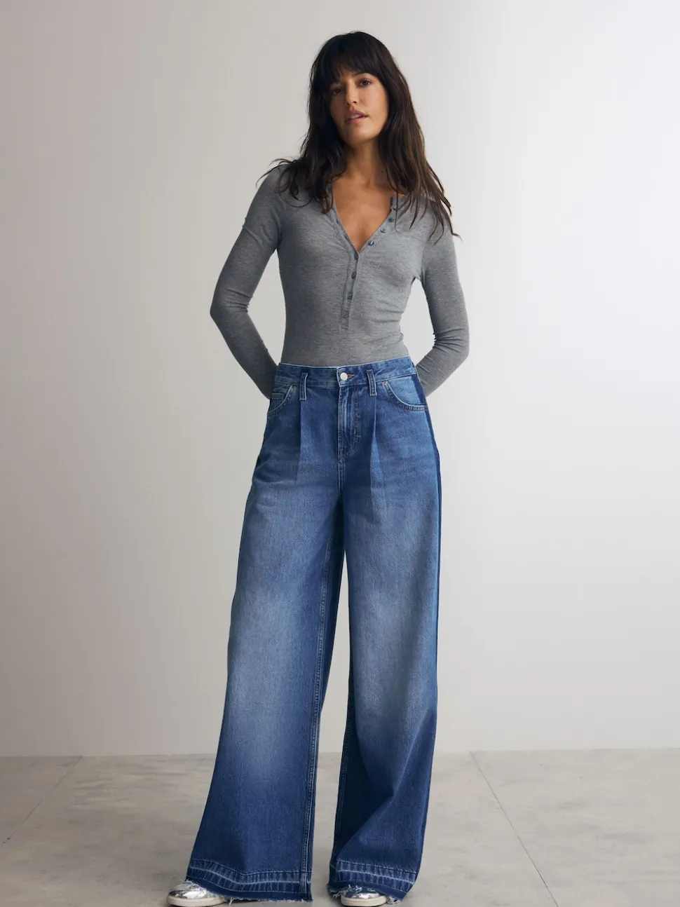 Grey Ribbed Long Sleeve Henley Bodysuit