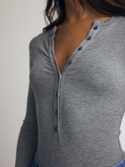 Grey Ribbed Long Sleeve Henley Bodysuit
