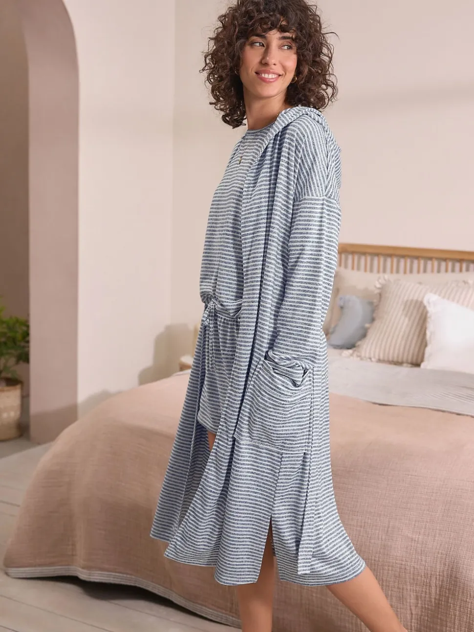 Grey Stripe Cosy Lightweight Dressing Gown