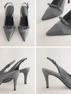 Grey Suede Forever Comfort® Leather Pointed Cutout Bow Slingback Heels