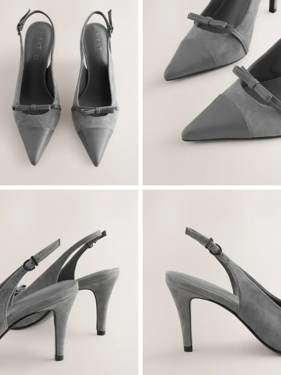 Grey Suede Forever Comfort® Leather Pointed Cutout Bow Slingback Heels
