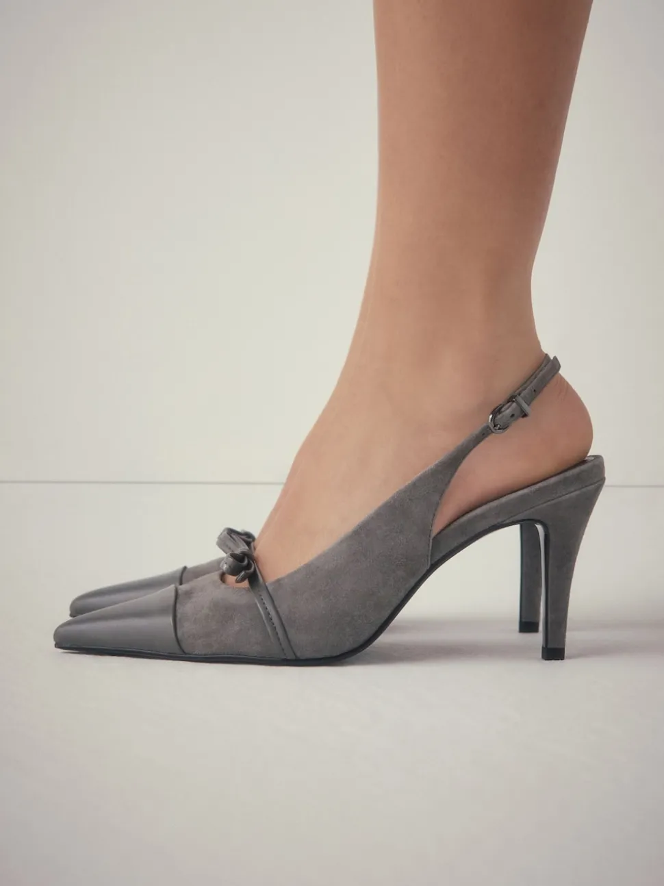 Grey Suede Forever Comfort® Leather Pointed Cutout Bow Slingback Heels
