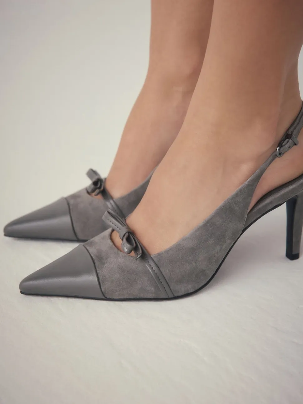 Grey Suede Forever Comfort® Leather Pointed Cutout Bow Slingback Heels