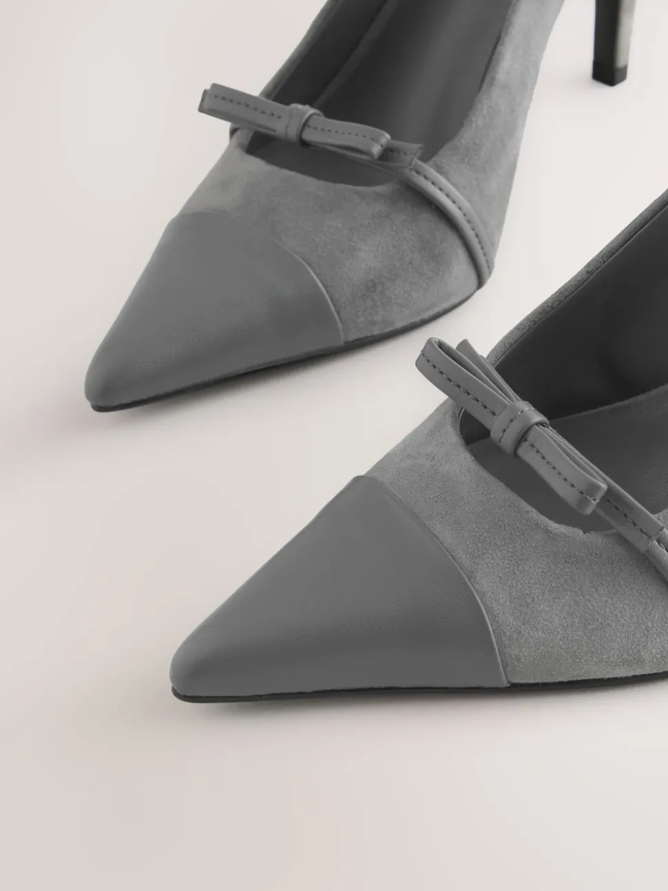 Grey Suede Forever Comfort® Leather Pointed Cutout Bow Slingback Heels