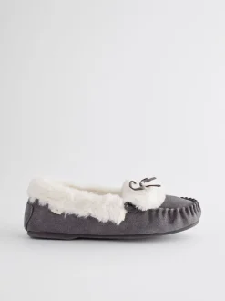 Grey Suede Moccasin Slippers