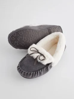 Grey Suede Moccasin Slippers