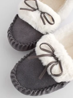 Grey Suede Moccasin Slippers
