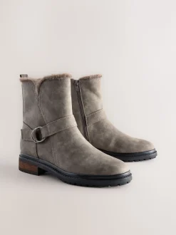Grey Textured Forever Comfort® Faux Fur Hardware Ankle Boots