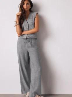 Grey Tie Waist Wide Leg Trousers with Wool