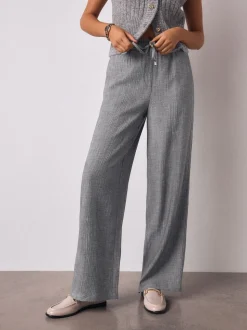 Grey Tie Waist Wide Leg Trousers with Wool