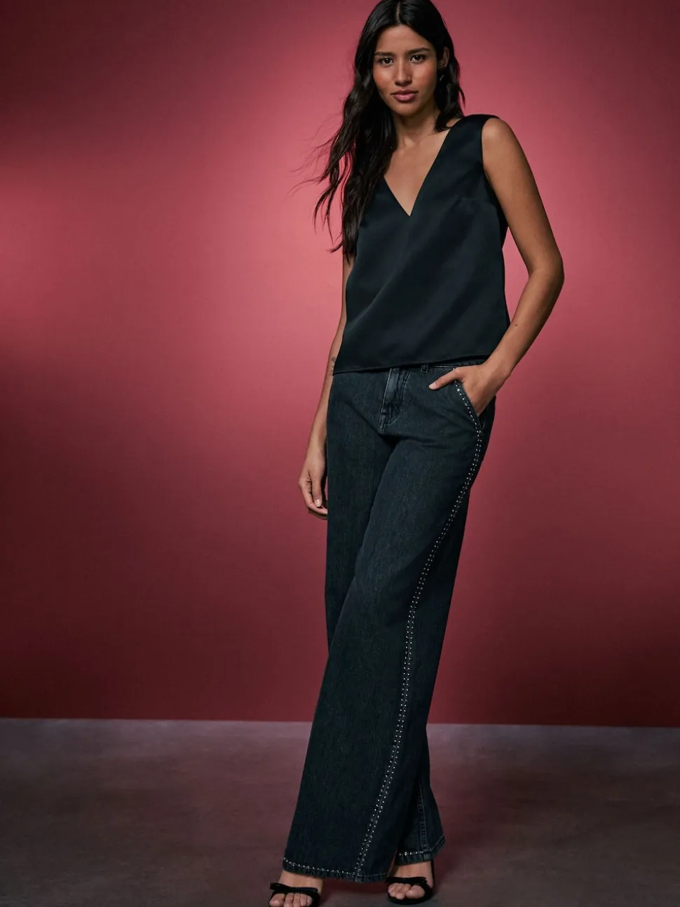 Grey Washed Black Embellished Studded High Rise Palazzo Wide Leg Jeans