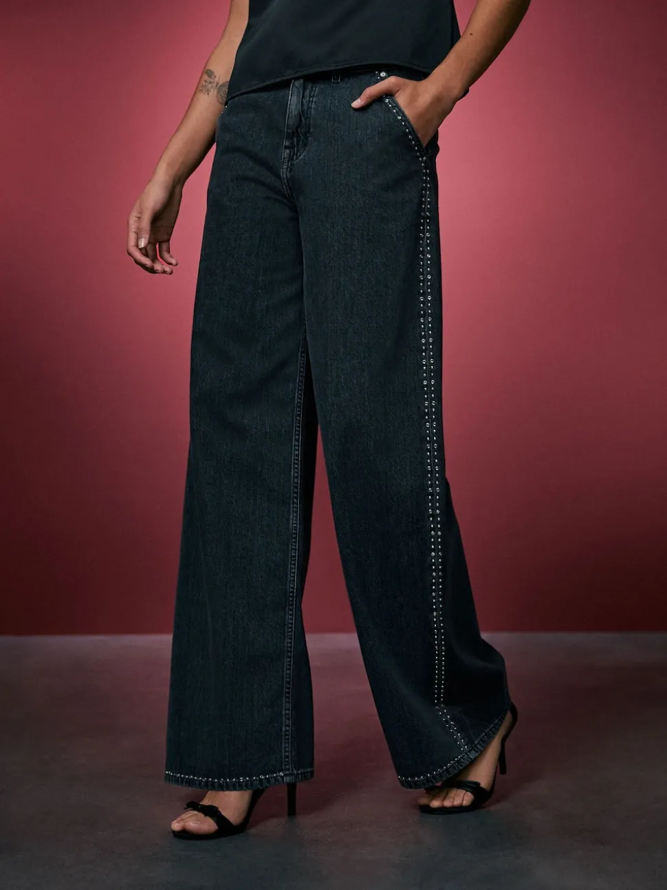 Grey Washed Black Embellished Studded High Rise Palazzo Wide Leg Jeans