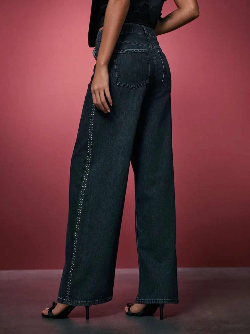 Grey Washed Black Embellished Studded High Rise Palazzo Wide Leg Jeans