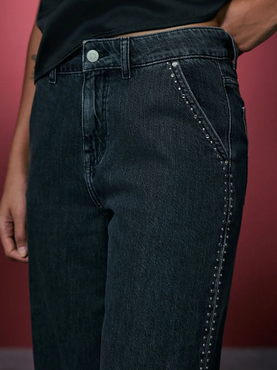 Grey Washed Black Embellished Studded High Rise Palazzo Wide Leg Jeans