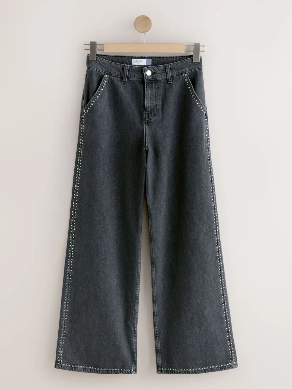 Grey Washed Black Embellished Studded High Rise Palazzo Wide Leg Jeans