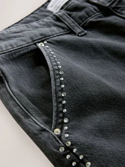 Grey Washed Black Embellished Studded High Rise Palazzo Wide Leg Jeans