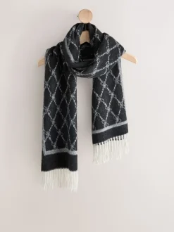 Grey/Black Premium Made in Italy Jacquard Monogram 100% Wool Midweight Scarf