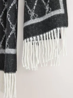 Grey/Black Premium Made in Italy Jacquard Monogram 100% Wool Midweight Scarf