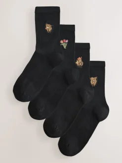 Hamish The Highland Cow / Tulips Embroidered Motif Ankle Socks 4 Pack