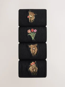Hamish The Highland Cow / Tulips Embroidered Motif Ankle Socks 4 Pack