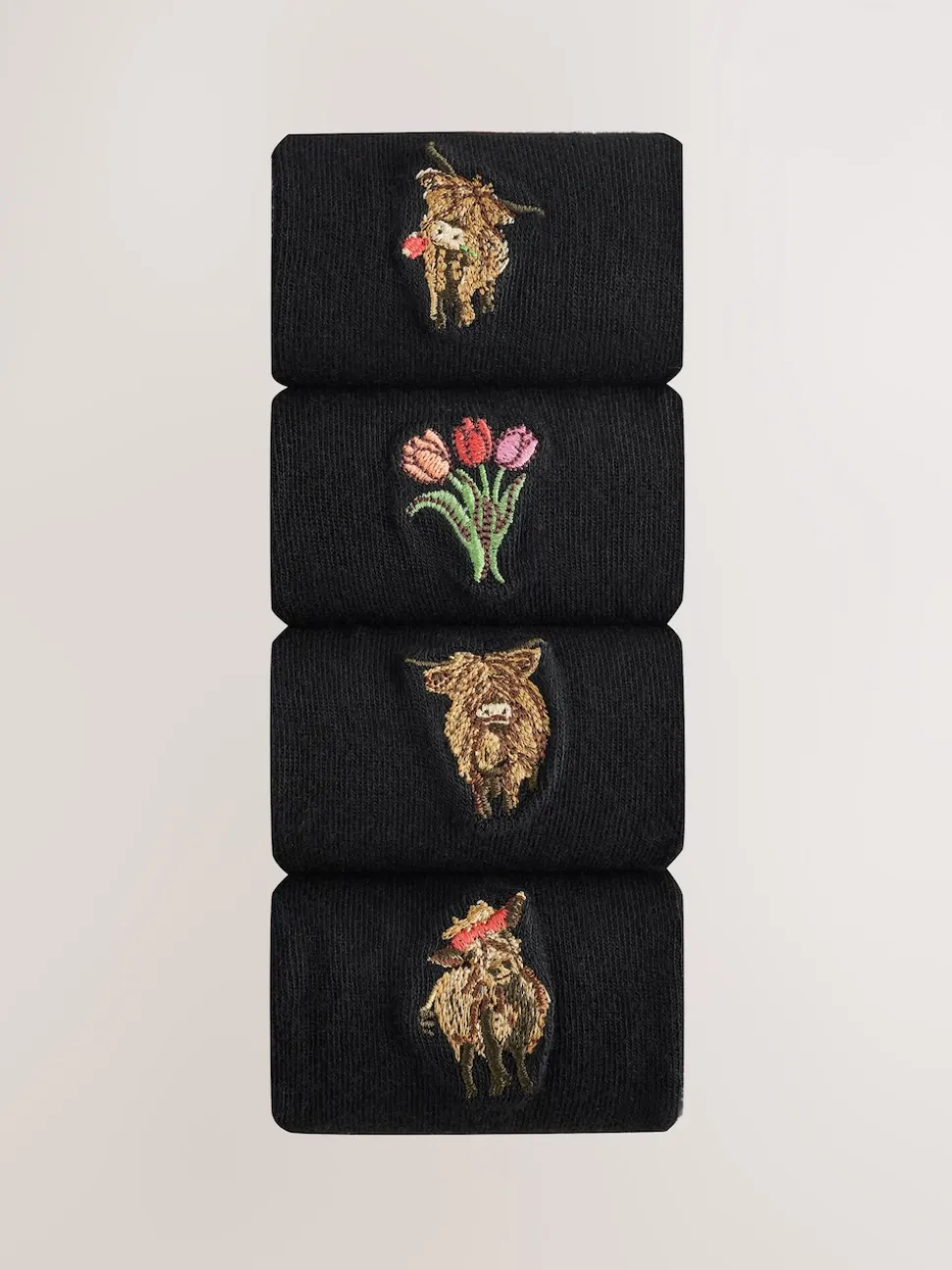 Hamish The Highland Cow / Tulips Embroidered Motif Ankle Socks 4 Pack