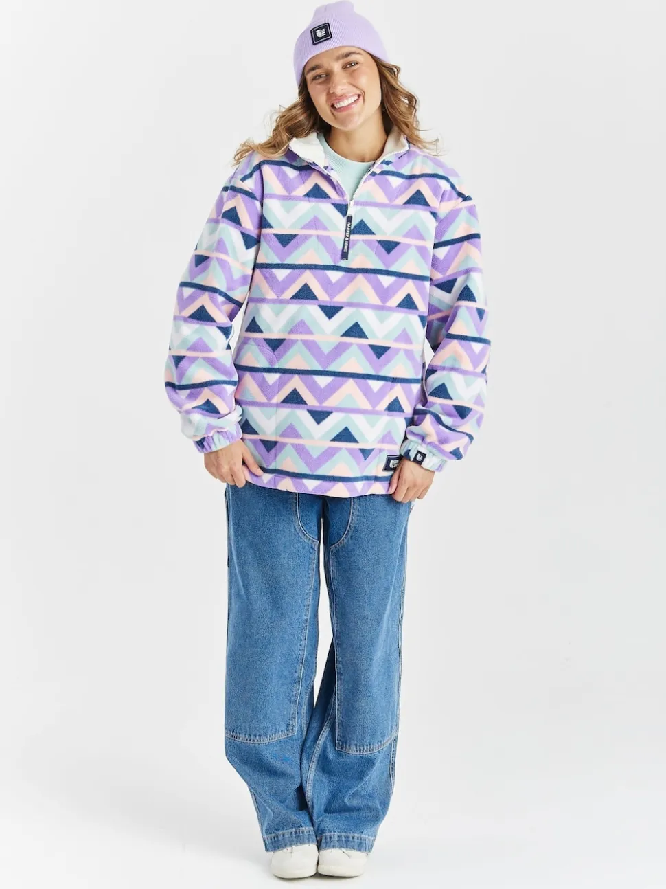 Harper & Lewis Cream & Navy Raver Retro Pattern Quarter Zip Fleece