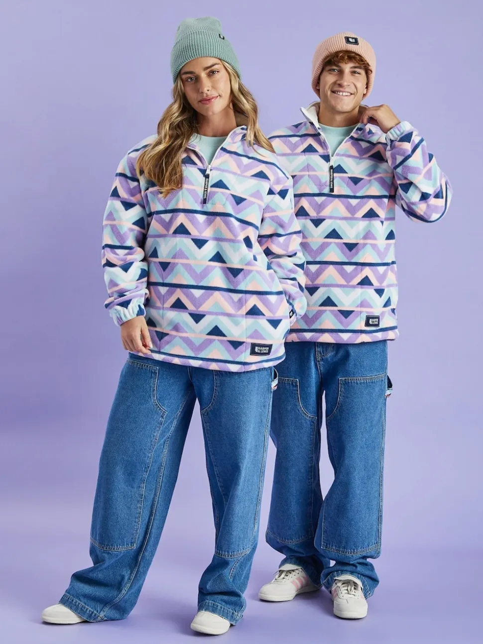 Harper & Lewis Cream & Navy Raver Retro Pattern Quarter Zip Fleece