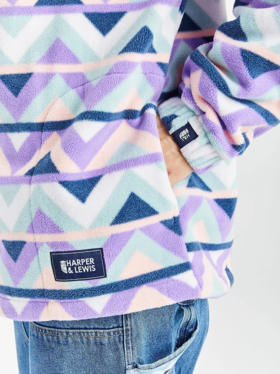 Harper & Lewis Cream & Navy Raver Retro Pattern Quarter Zip Fleece