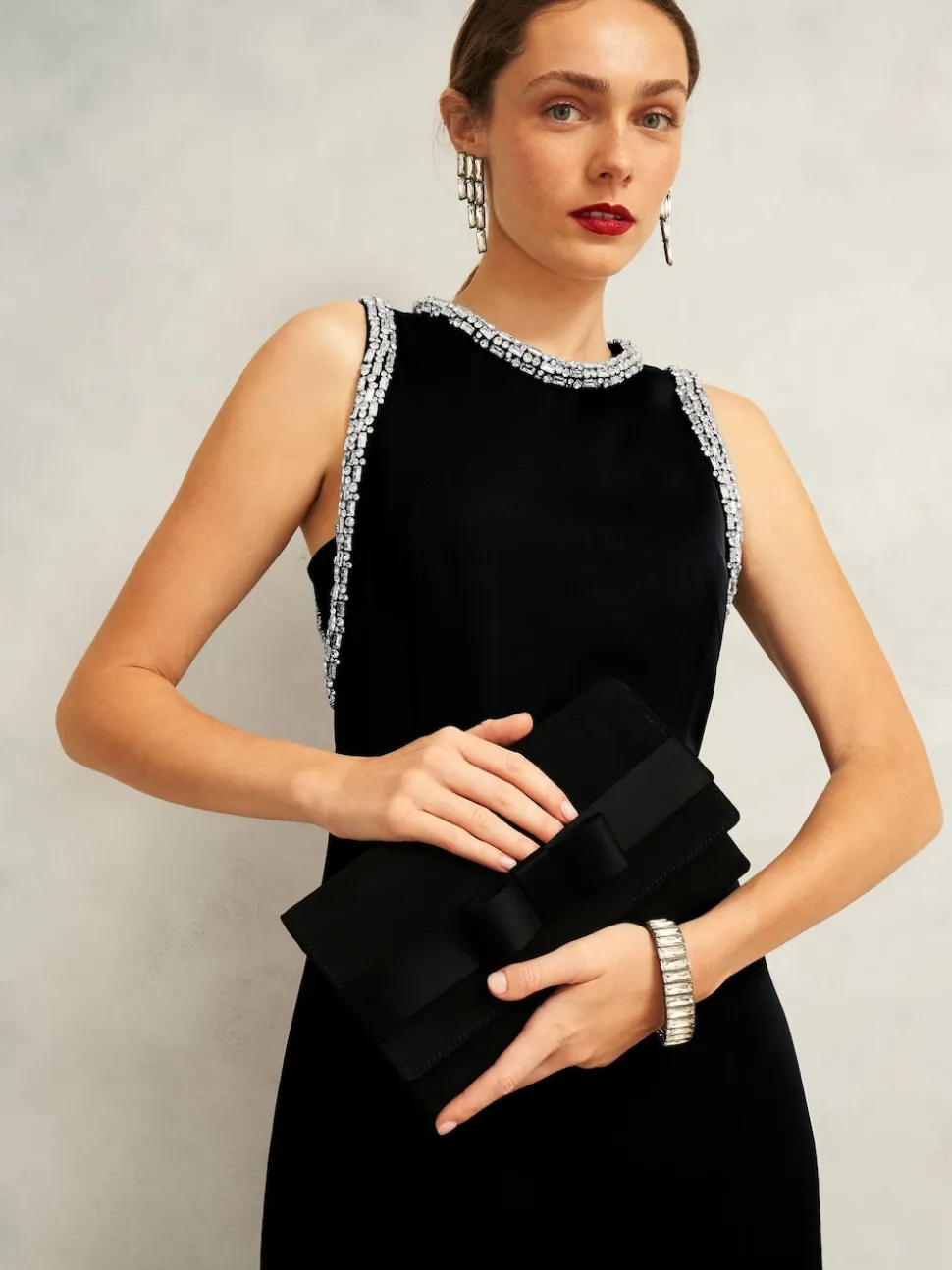 Hobbs Black Renata Bow Velvet Clutch