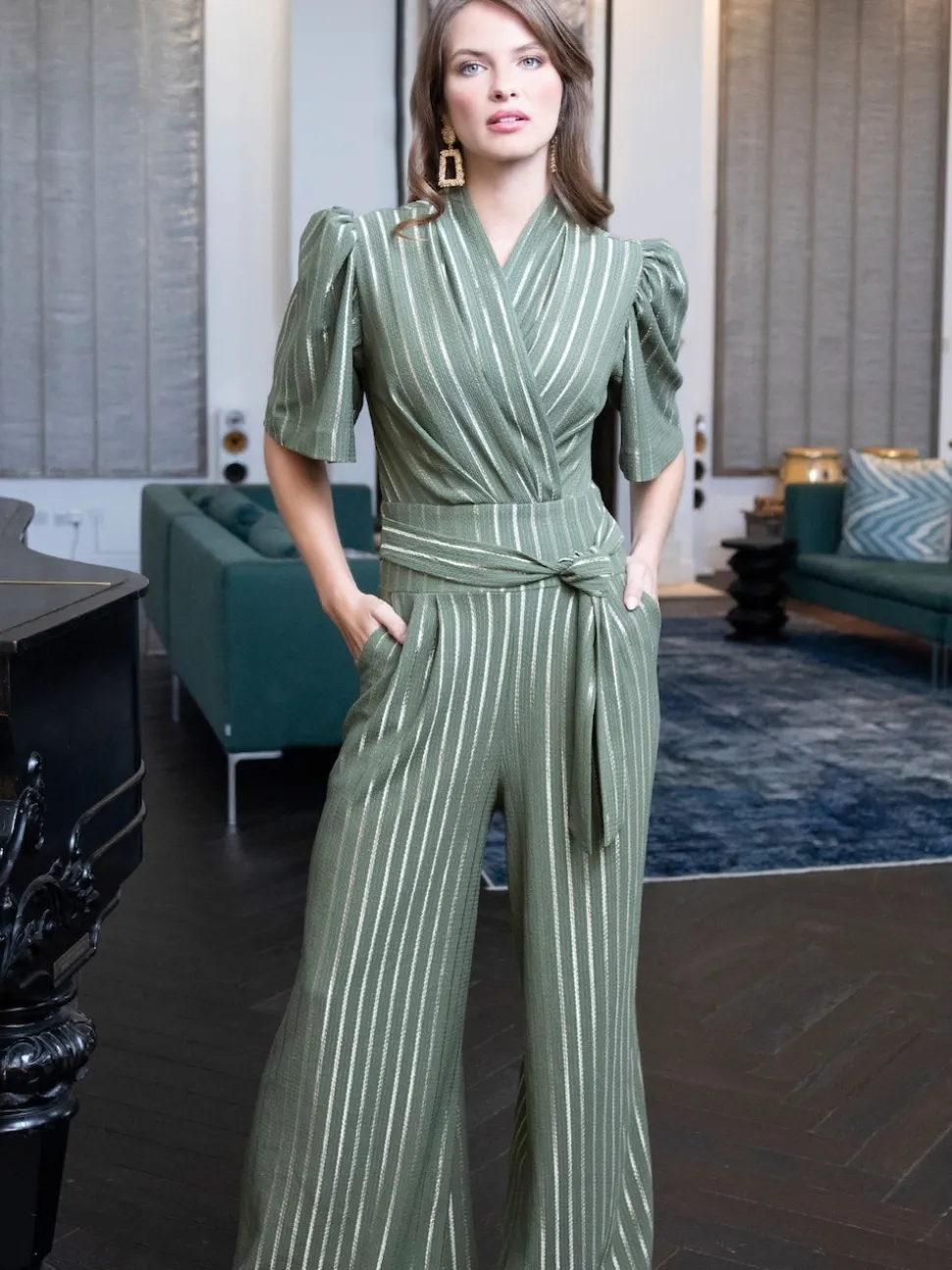 Hot Squash Green Wide Leg Gold Stripe Jumpsuit
