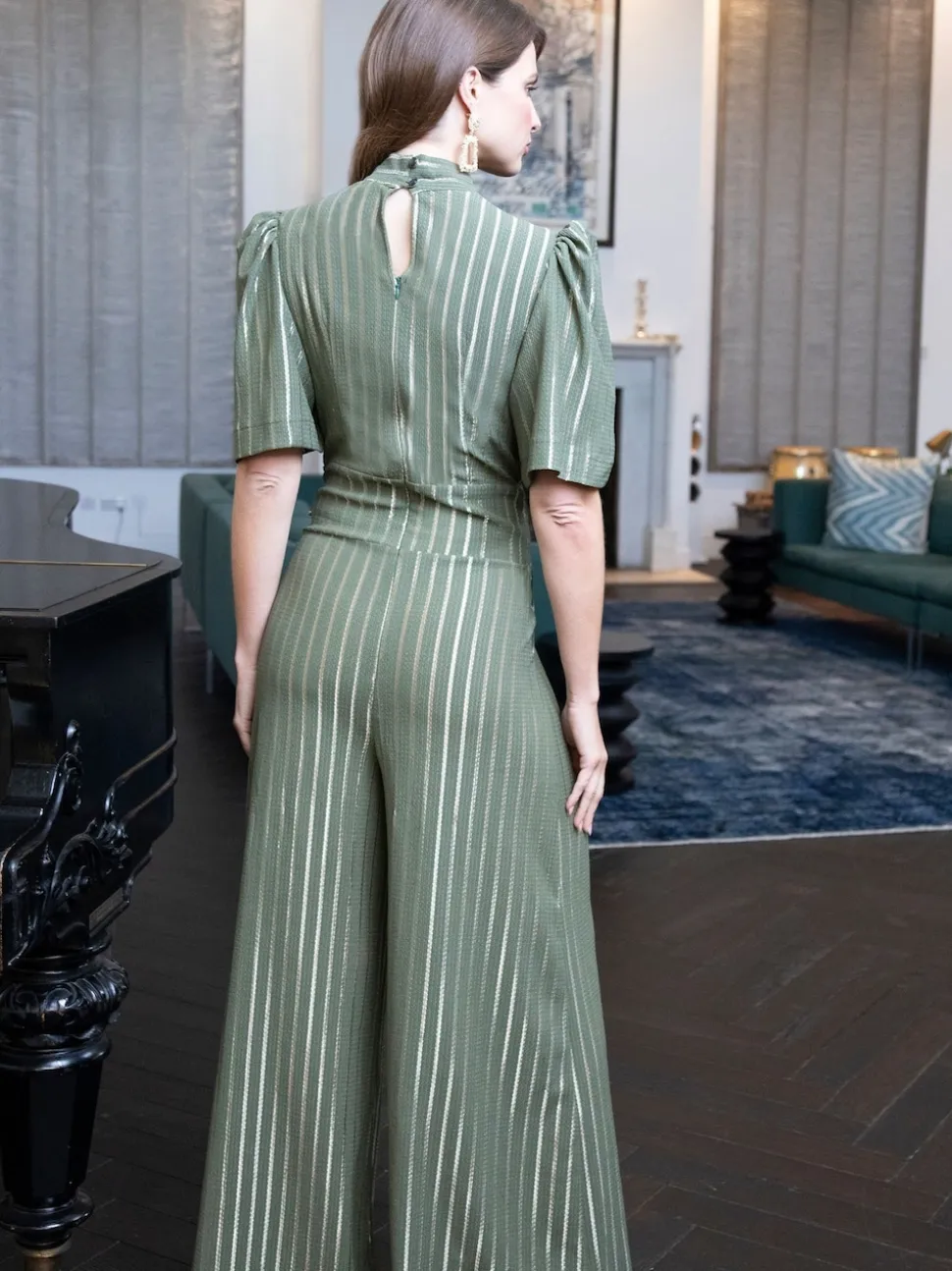Hot Squash Green Wide Leg Gold Stripe Jumpsuit