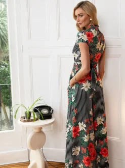 HotSquash Black Pin Striped Floral Wide Leg Jumpsuit
